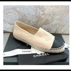 Chanel Lambskin Cc Black Beige Leather Espadrille Flats